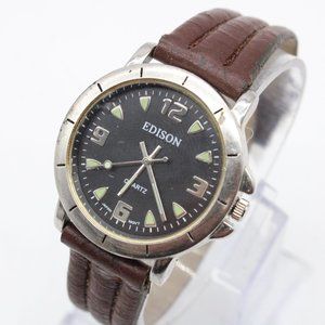 Vintage EDISON Watch Mens Silver Tone Stainless Steel Classic Black Quartz Dial